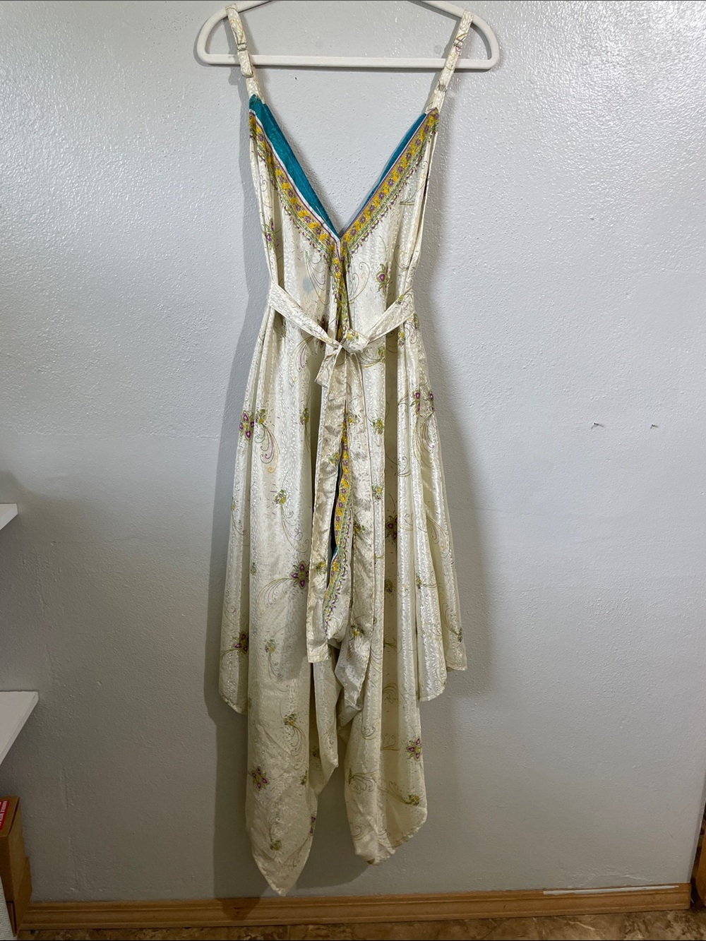 Silk Harem Jumpsuit Flowy Handkerchief Hem Boho Festival Advance Apparel Free Sz